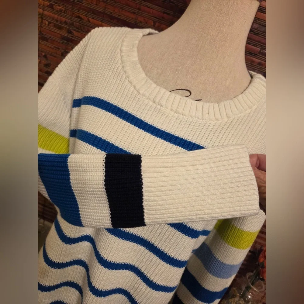Talbots White Crewneck Sweater with Blue and Lime Stripes - Picture 4 of 8
